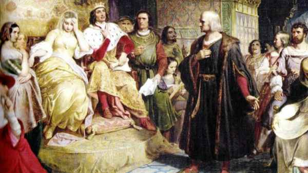 Cristóbal Colón junto a los Reyes Católicos.