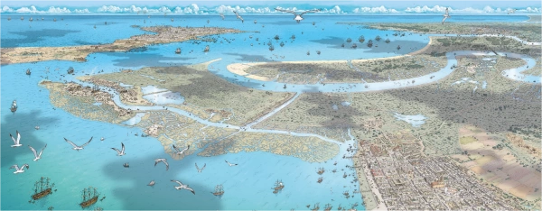 Vista general de Puerto Real y el caño de la Cortadura. Ilustración: Arturo Redondo.